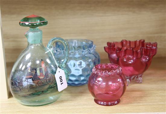 A Georgian style green soda glass decanter and stopper, painted coaching scene, two cranberry glass bowls and a blue glass bowl (4)